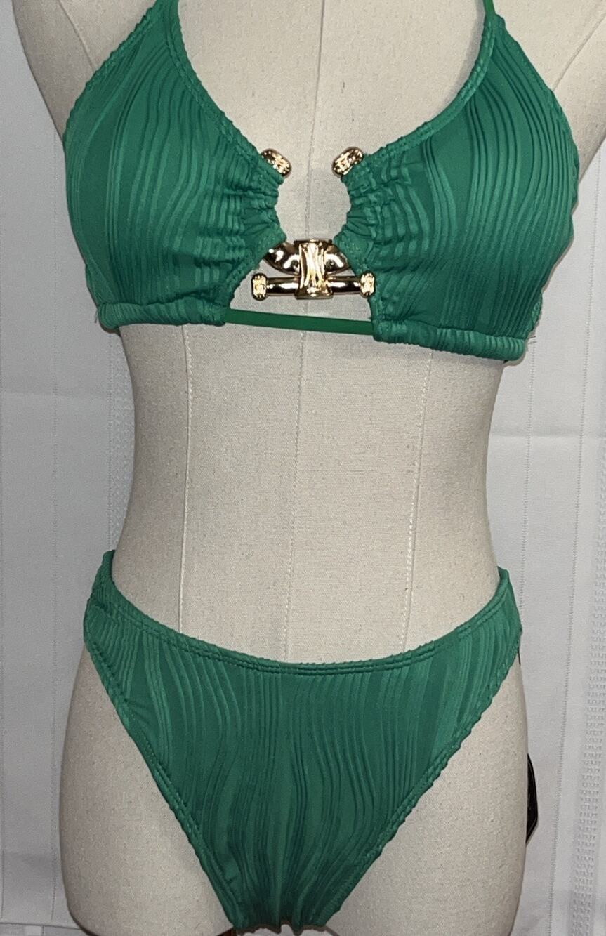ZAFUL Women's Cutout Bikini Criss Cross Textured Metal High Leg Bikini ,Green S